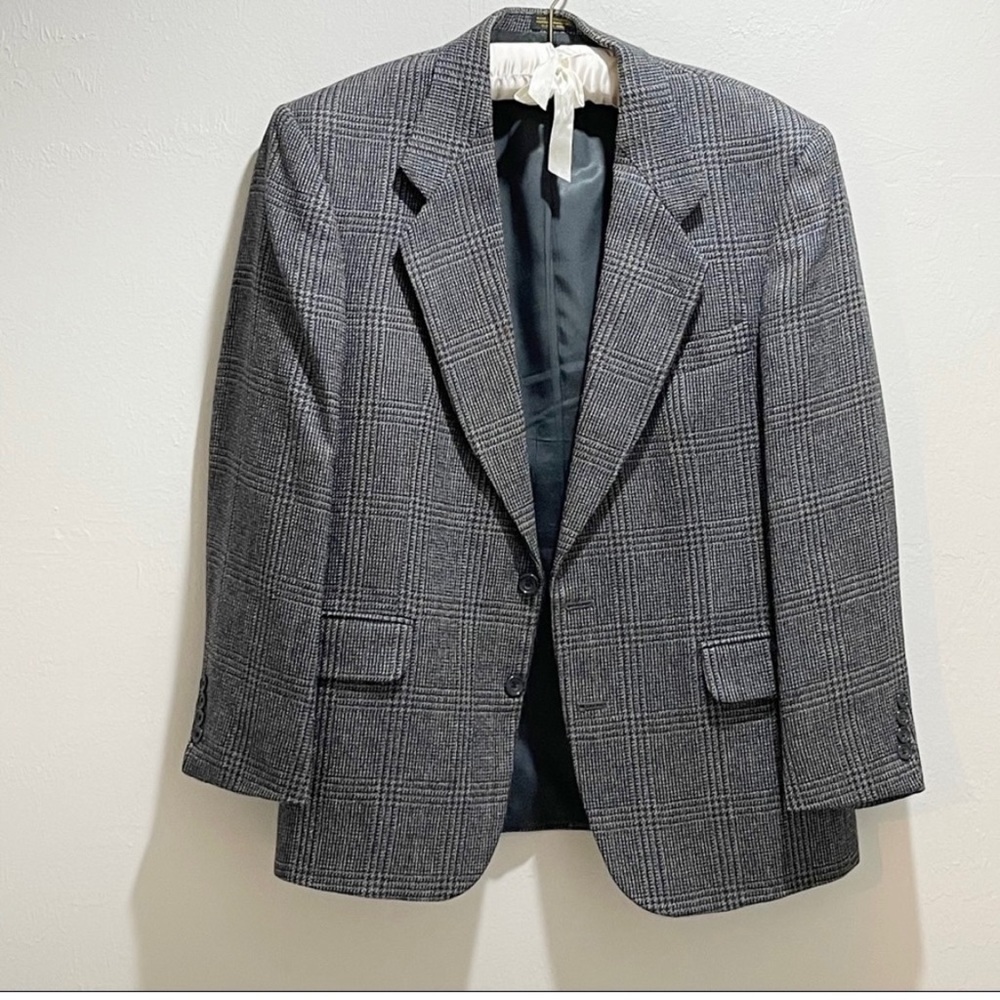 Vtg OSCAR DE LA RENTA Men’s Charcoal Houndstooth Plaid Sport Wool Coat Size 41S